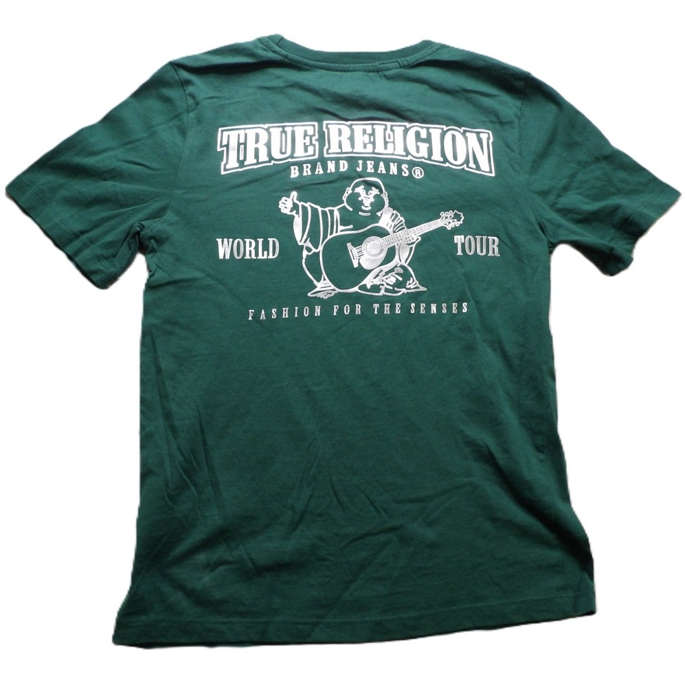 True Religion World Tour Graphics T-Shirt Boys M 10/12 Green Cotton Short Sleeve
